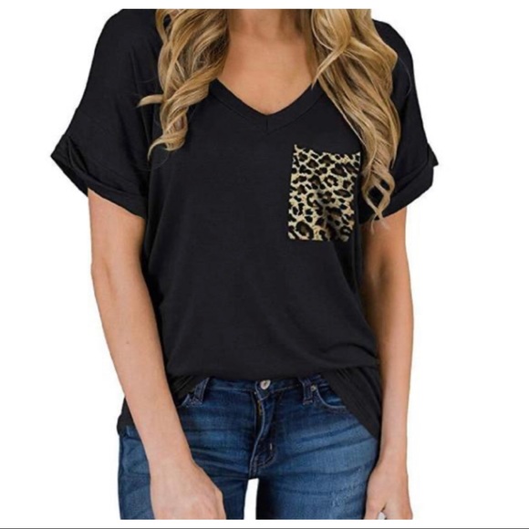 BLACK V NECK LEOPARD POCKET TUNIC TOP - Picture 9 of 14